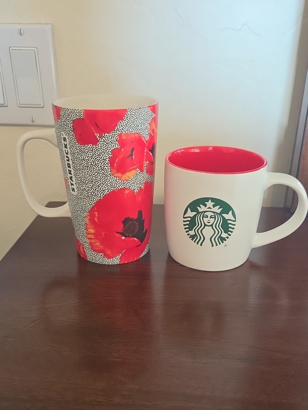 Starbucks Red Floral Ceramic Mug with White Exterior and Red Interior Set